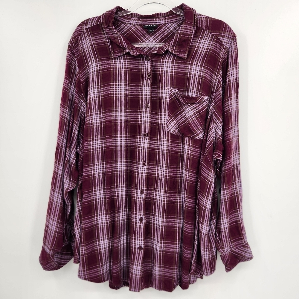 Torrid Lizzie Rayon Burgundy Button Front Flannel Shirt Womens Size 4X